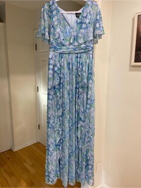 ADRIANNA PAPELL Blue Floral Multi Chiffon Capelet Gown Flutter Maxi Dress SIZE 6
